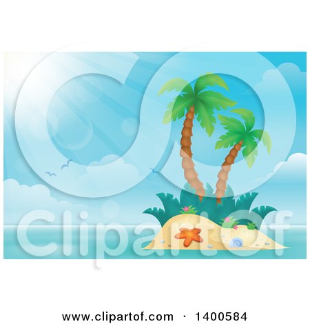 Clipart of a Tropical Island with Palm Trees and Sun Rays - Royalty Free Vector Illustration by visekart