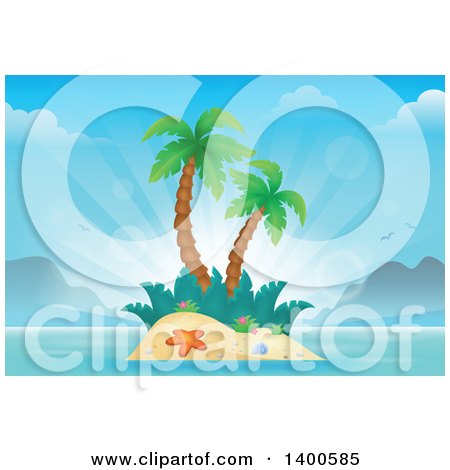 Clipart of a Tropical Island with Palm Trees and Sun Rays - Royalty Free Vector Illustration by visekart