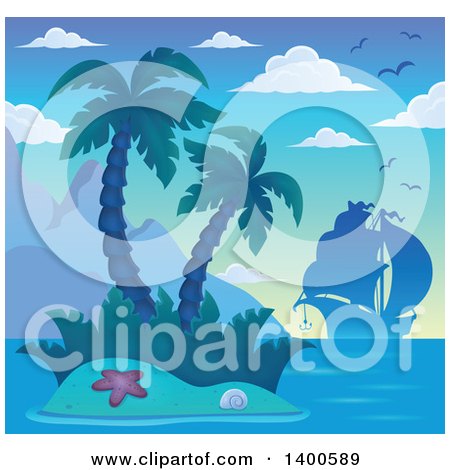Clipart of a Silhouetted Ship near a Tropical Island with Palm Trees - Royalty Free Vector Illustration by visekart