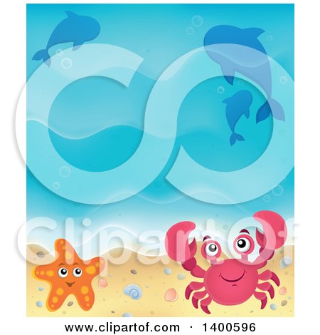 Clipart of a Background of Ocean Waves on a Sandy Beach, with Pebbles, a Shell, Crab, Dolphins and Starfish - Royalty Free Vector Illustration by visekart