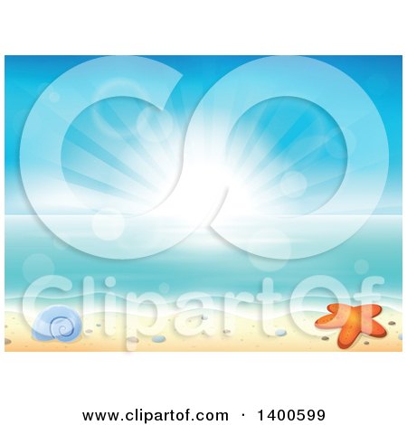 Clipart of a Background of Ocean Waves on a Sandy Beach, with Pebbles, a Shell and Starfish at Sunrise - Royalty Free Vector Illustration by visekart