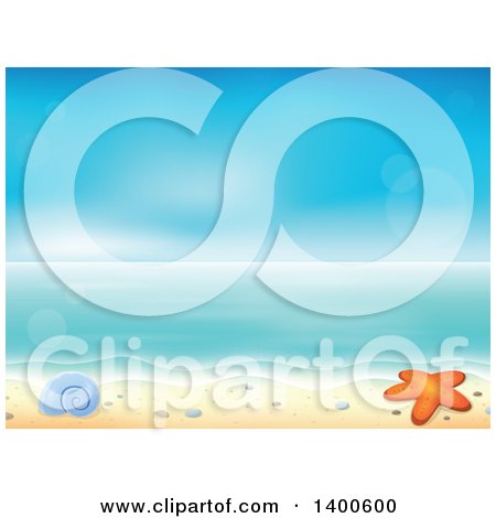 Clipart of a Background of Ocean Waves on a Sandy Beach, with Pebbles, a Shell and Starfish - Royalty Free Vector Illustration by visekart