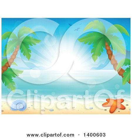 Clipart of a Background of a Sandy Beach with Palm Trees, a Shell and Starfish at Sunrise - Royalty Free Vector Illustration by visekart