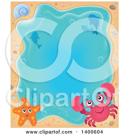 Clipart of a Background Border of a Crab, Shell, Starfish, Dolphins and Sand Around Water - Royalty Free Vector Illustration by visekart