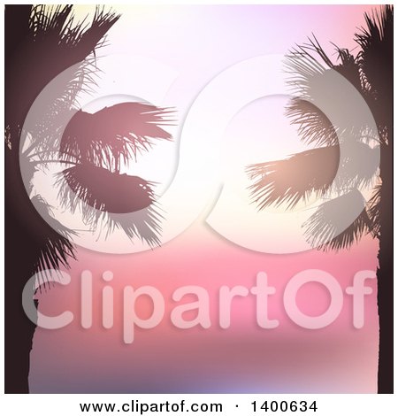 Clipart of a Background of Silhouetted Palm Trees over a Pink Sunset - Royalty Free Vector Illustration by KJ Pargeter