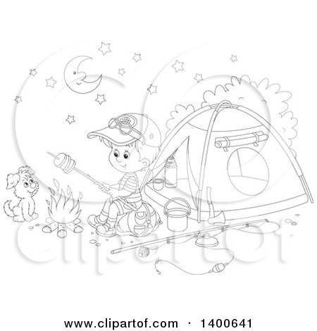 Clipart of a Happy Black and White Lineart Boy and Puppy Roasting over a Fire at a Camp Site - Royalty Free Vector Illustration by Alex Bannykh