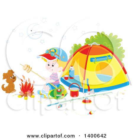 Clipart of a Happy Blond Caucasian Boy and Puppy by a Fire at a Camp Site - Royalty Free Vector Illustration by Alex Bannykh