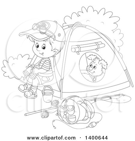 Clipart of a Black and White Lineart Boy and Puppy at a Camp Site - Royalty Free Vector Illustration by Alex Bannykh