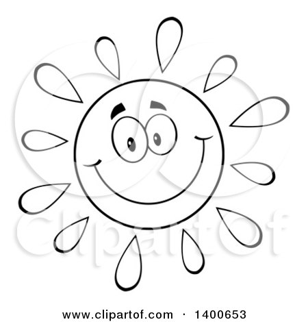 Clipart of a Black and White Lineart Happy Sun Smiling - Royalty Free Vector Illustration by Hit Toon