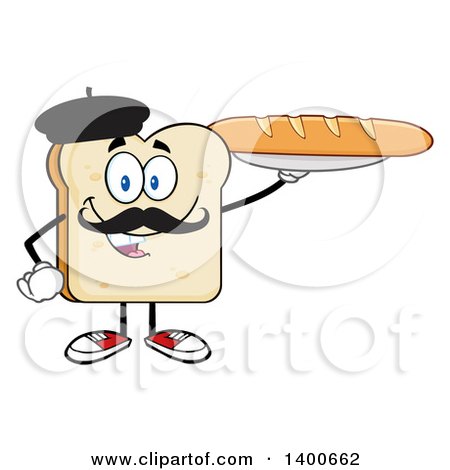 Clipart of a White Sliced Bread French Character Mascot Holding a Loaf - Royalty Free Vector Illustration by Hit Toon