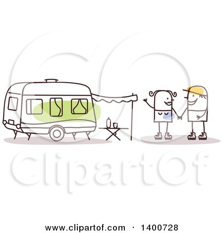 Clipart of a Stick Couple Holding Hands by a Camper - Royalty Free Vector Illustration by NL shop