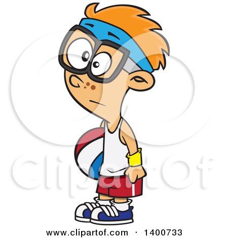 Clipart of a Cartoon Red Haired Caucasian Boy Wearing Glasses and a Headband, Holding a Ball at Recess - Royalty Free Vector Illustration by toonaday