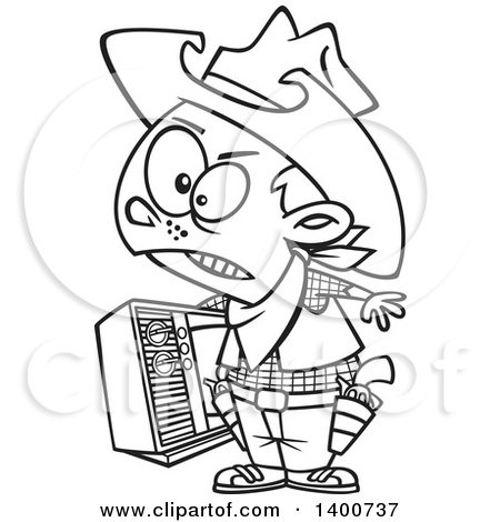 Clipart of a Cartoon Black and White Young Cowboy Carrying a Tv - Royalty Free Vector Illustration by toonaday