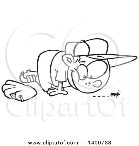 Clipart of a Cartoon Black and White Distracted Boy Watching a Bug Instead of Playing Baseball - Royalty Free Vector Illustration by toonaday