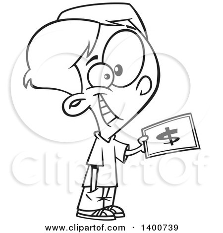 Clipart of a Cartoon Black and White Boy Purchasing Something with Cash Money - Royalty Free Vector Illustration by toonaday