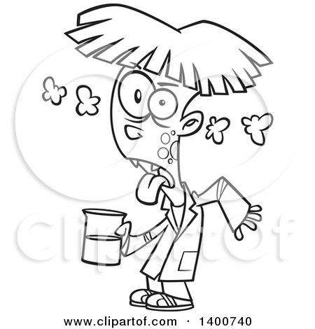 Clipart of a Cartoon Black and White Boy Turning into a Monster After Driking a Chemical from the Science Lab - Royalty Free Vector Illustration by toonaday