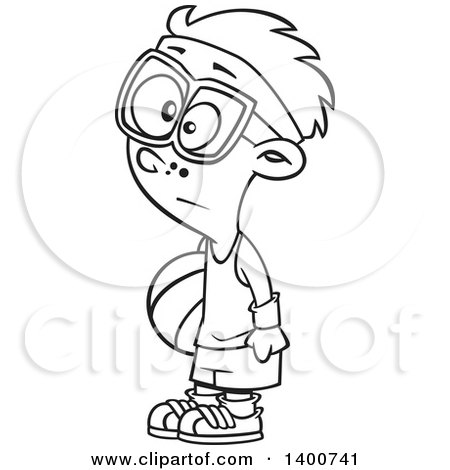 Clipart of a Cartoon Black and White Boy Wearing Glasses and a Headband, Holding a Ball at Recess - Royalty Free Vector Illustration by toonaday