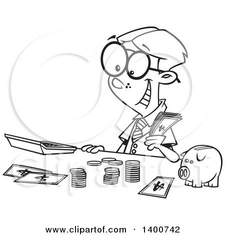 Clipart of a Cartoon Black and White Young Accountant Boy Counting Money by a Piggy Bank - Royalty Free Vector Illustration by toonaday