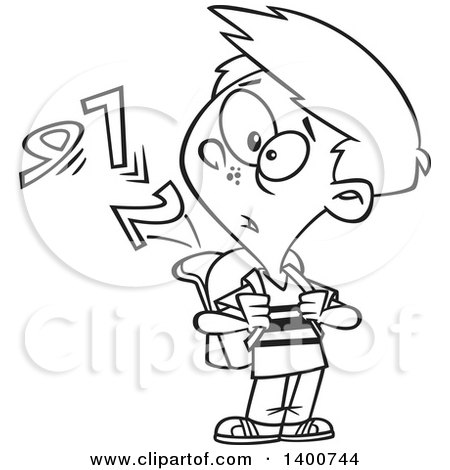 Clipart of a Cartoon Black and White School Boy Watching Numbers Escape from His Backpack - Royalty Free Vector Illustration by toonaday