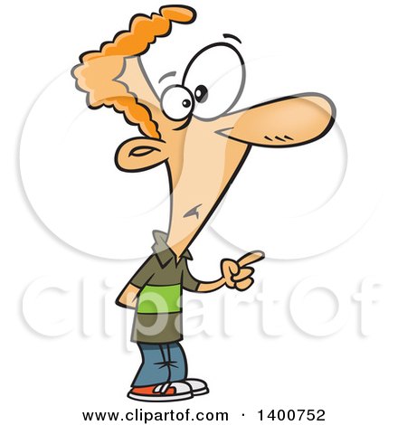 Clipart of a Cartoon Young Red Haired White Man Holding up a Finger - Royalty Free Vector Illustration by toonaday