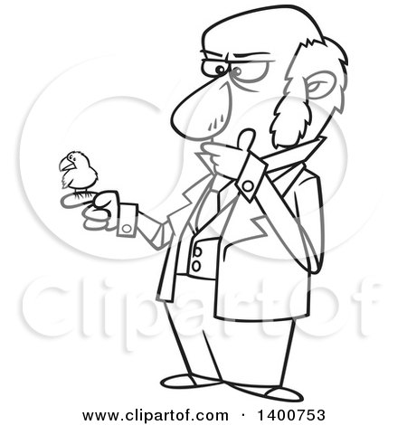 Clipart of a Cartoon Black and White Man, Charles Darwin, Holding a Bird and Thinking - Royalty Free Vector Illustration by toonaday