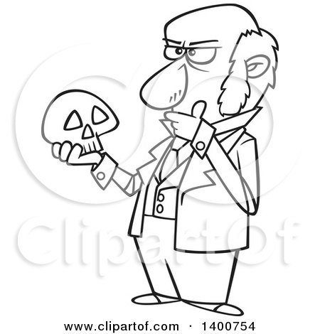 Clipart of a Cartoon Black and White Man, Charles Darwin, Holding a Skull and Thinking - Royalty Free Vector Illustration by toonaday
