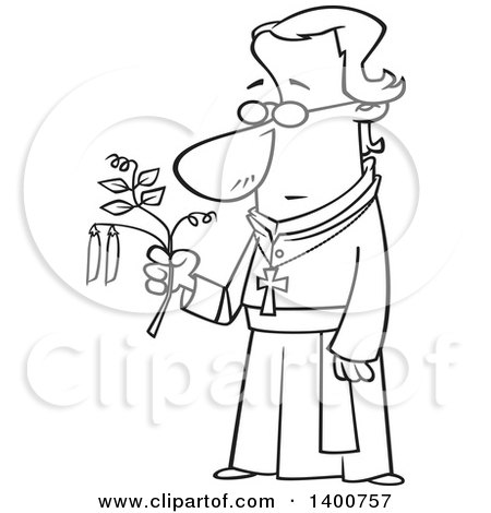 Clipart of a Cartoon Black and White Friar Man, Gregor Mendel, Holding a Pea Plant - Royalty Free Vector Illustration by toonaday