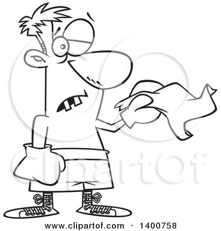Clipart of a Cartoon Black and White Male Boxer with Missing Teeth and a Black Eye, Throwing in the Towel - Royalty Free Vector Illustration by toonaday