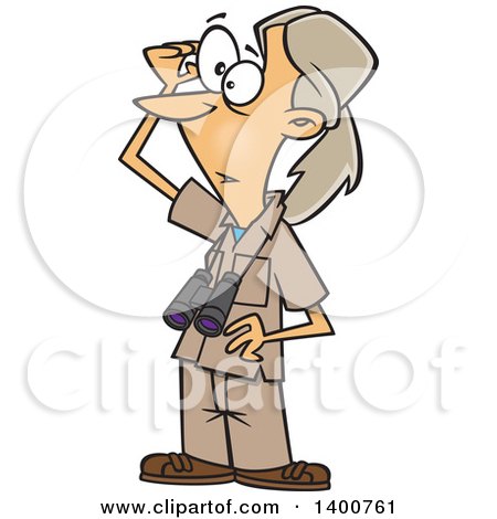 Clipart of a Cartoon Woman, Jane Goodall, Standing and Wearing Binoculars Around Her Neck - Royalty Free Vector Illustration by toonaday