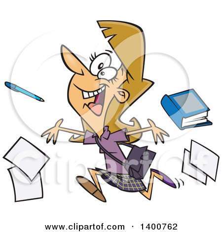 Clipart of a Cartoon Happy Dirty Blond White Female Teacher Running and Tossing Items on the Last Day of School - Royalty Free Vector Illustration by toonaday