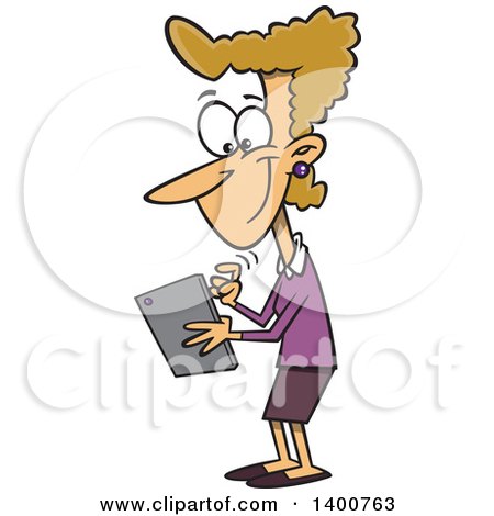 Clipart of a Cartoon Dirty Blond White Woman Texting on a Tablet Computer - Royalty Free Vector Illustration by toonaday