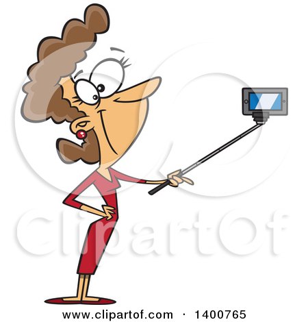 Clipart of a Cartoon Brunette White Woman Taking a Portrait with a Selfie Stick - Royalty Free Vector Illustration by toonaday