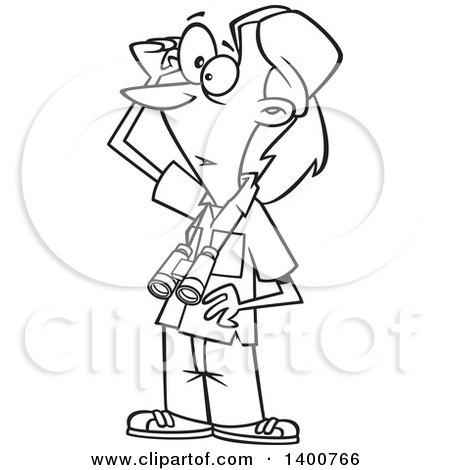 Clipart of a Cartoon Black and White Woman, Jane Goodall, Standing and Wearing Binoculars Around Her Neck - Royalty Free Vector Illustration by toonaday