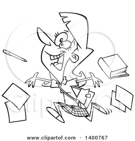 Clipart of a Cartoon Black and White Happy Female Teacher Running and Tossing Items on the Last Day of School - Royalty Free Vector Illustration by toonaday