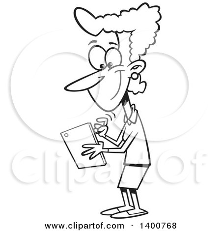 Clipart of a Cartoon Black and White Woman Texting on a Tablet Computer - Royalty Free Vector Illustration by toonaday