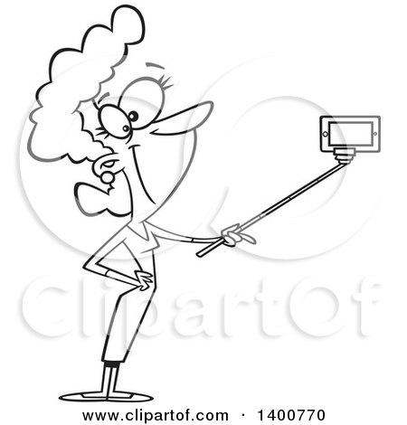 Clipart of a Cartoon Black and White Woman Taking a Portrait with a Selfie Stick - Royalty Free Vector Illustration by toonaday