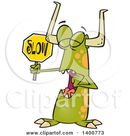 Clipart of a Cartoon Monster Holding a Slow Sign - Royalty Free Vector Illustration by toonaday