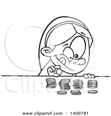 Clipart of a Cartoon Black and White Girl Counting Her Money - Royalty Free Vector Illustration by toonaday