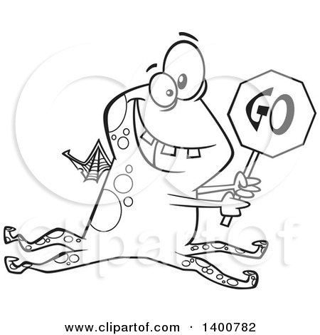 Clipart of a Cartoon Black and White Monster Holding a Go Sign - Royalty Free Vector Illustration by toonaday
