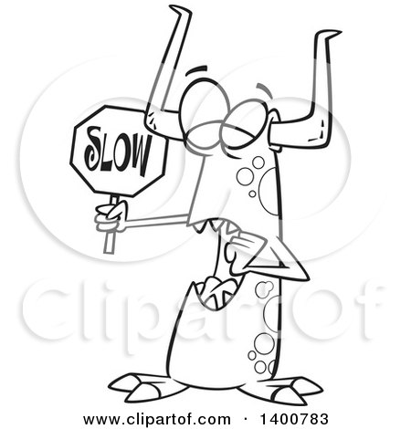 Clipart of a Cartoon Black and White Monster Holding a Slow Sign - Royalty Free Vector Illustration by toonaday