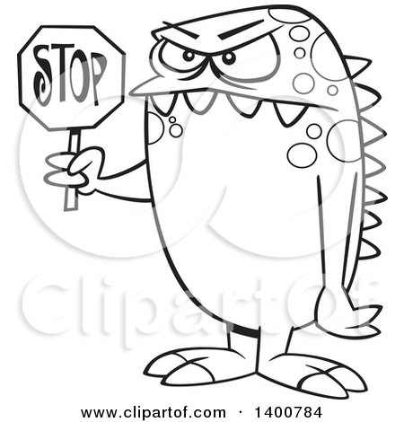 Clipart of a Cartoon Black and White Monster Holding a Stop Sign - Royalty Free Vector Illustration by toonaday