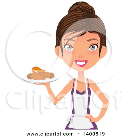 Clipart of a Happy White Female Chef Wearing an Apron and Serving Fried Chicken - Royalty Free Vector Illustration by Melisende Vector