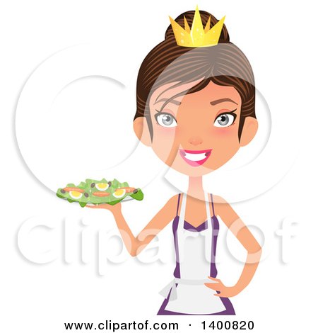 Clipart of a Happy White Female Chef Wearing an Apron and Crown and Serving a Salad - Royalty Free Vector Illustration by Melisende Vector