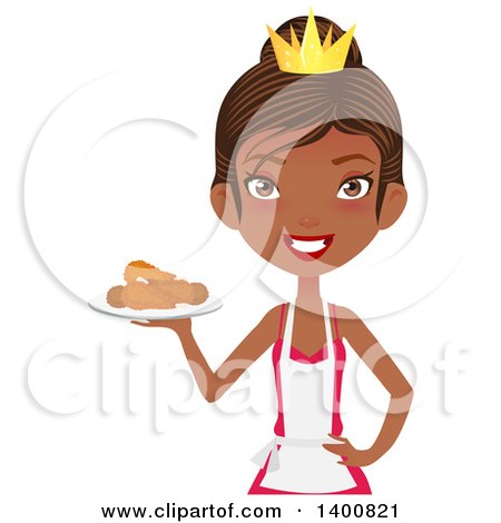 Clipart of a Happy Black Female Chef Wearing an Apron and Crown and Serving Fried Chicken - Royalty Free Vector Illustration by Melisende Vector