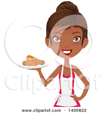 Clipart of a Happy Black Female Chef Wearing an Apron and Serving Fried Chicken - Royalty Free Vector Illustration by Melisende Vector