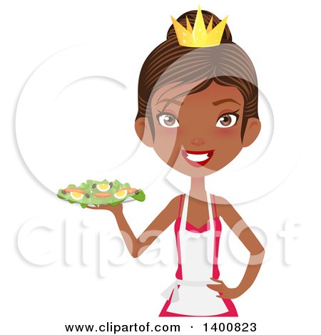 Clipart of a Happy Black Female Chef Wearing an Apron and Crown and Serving a Salad - Royalty Free Vector Illustration by Melisende Vector
