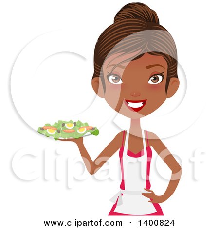 Clipart of a Happy Black Female Chef Wearing an Apron and Serving a Salad - Royalty Free Vector Illustration by Melisende Vector