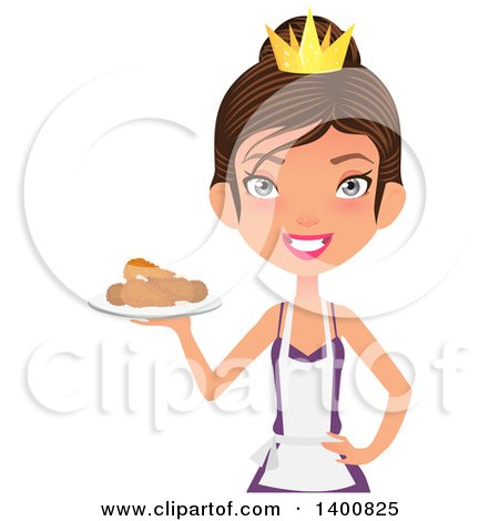 Clipart of a Happy White Female Chef Wearing an Apron and Crown and Serving Fried Chicken - Royalty Free Vector Illustration by Melisende Vector