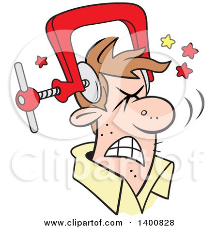 Clipart of a Cartoon Brunette White Man with a Bad Migraine Headache Depicted As Clamp on His Head - Royalty Free Vector Illustration by Johnny Sajem