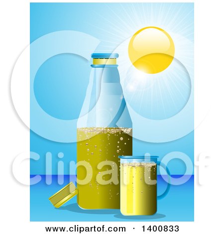 Clipart of a Summer Sun Blaring down on a Beer Bottle and Cup - Royalty Free Vector Illustration by elaineitalia